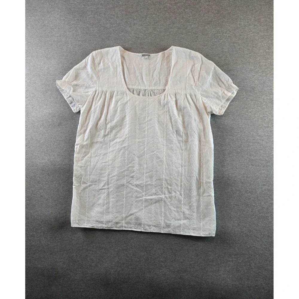 Kiyonna Top Womens 3‎ White Square Beck Embroidered Blouse Minimalist Lagenlook